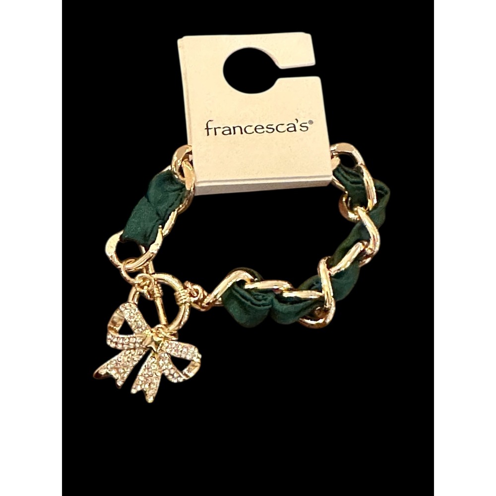 Francesca's Gold Tone Emerald Green Fabric Woven Chain Rhinestone Bow‎ Bracelet